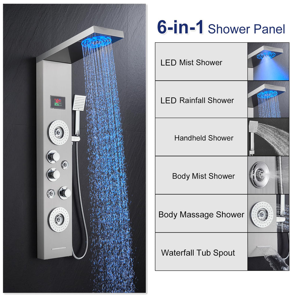 6-in-1 LED Rainfall Mist Shower Panel Tower System, Brushed Finish