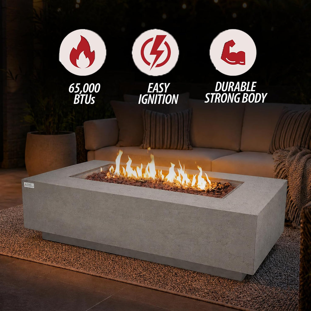 AMS 60" Rectangular Concrete GFRC Propane Gas Fire Pit Table (Light Gray) | (Madison) Limestone Texture Fire Pit