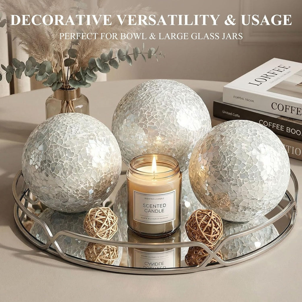 Decorative Balls for Bowls, 4 Inch White Orbs Glass Balls - Set of 3