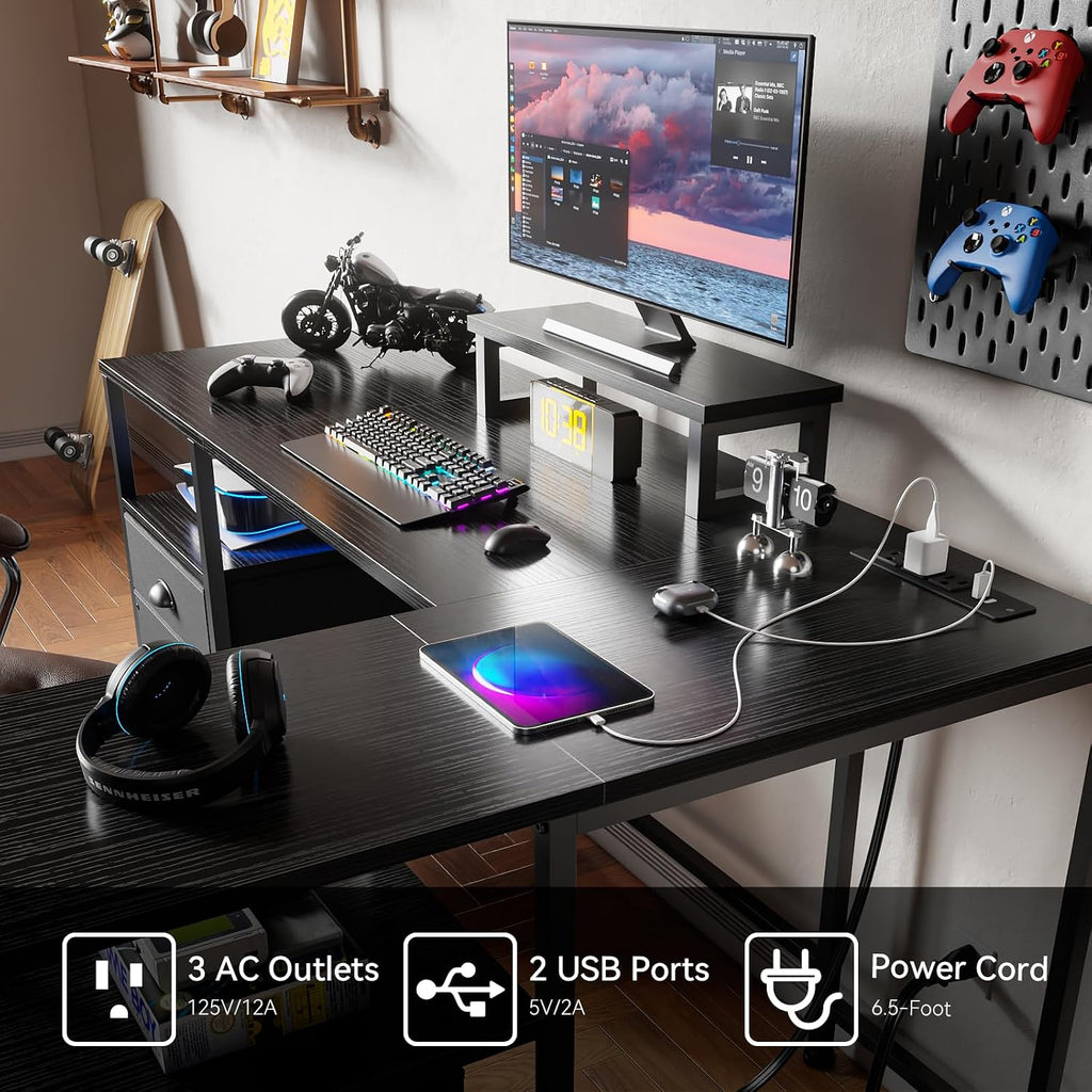 50 Inch L Shaped Gaming Desk with Power Outlet and Drawers, Black | Reversible Computer Corner Design,Fabric File