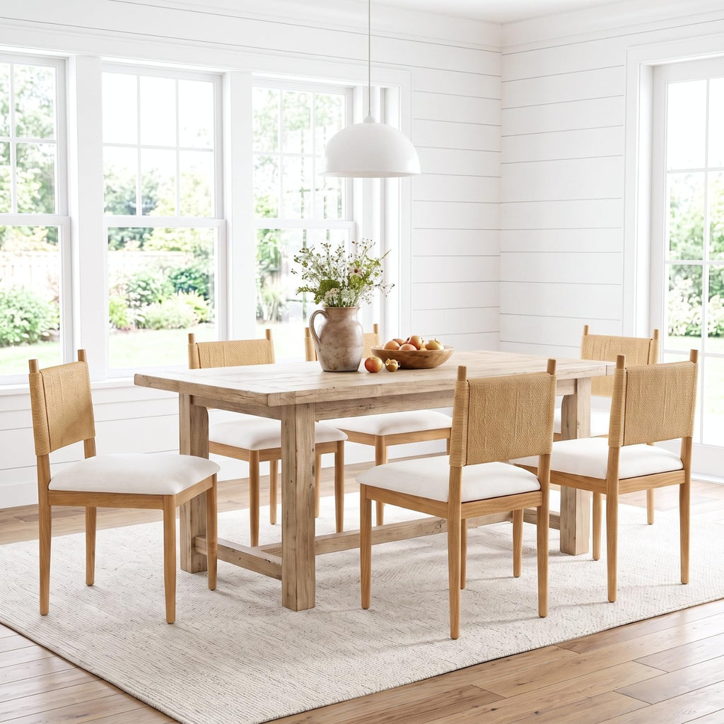 Modern Coastal Woven Dining Chairs Set of 4, Natural Oak Wood