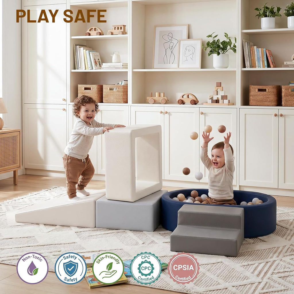 Soft Foam Climbing Blocks Set for Toddlers - Piece Oval Ball Pit & Play Structure with Navy Blue Leather, Indoor