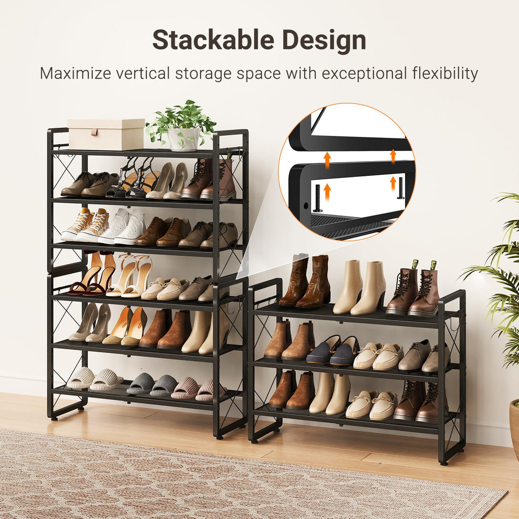Expandable Shoe Rack for Closet, 3-Tier Metal Black Shoe Organizer