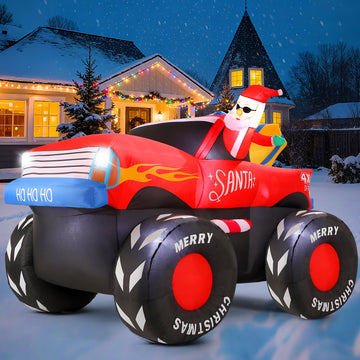 7 FT Long Santa in Monster Truck Christmas Inflatables Outdoor Decorations, Christmas Blow Up Santa Claus Yard