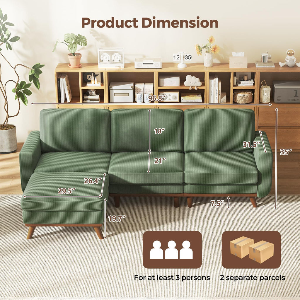 97" L-Shape Modular Sofa, 3-Seat Corduroy Couch with Movable Ottoman, Sectional Sofa, Green