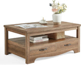 Farmhouse Coffee Table with Storage, Wood Coffee Table, Open Display Area and Storage Drawers with Metal Handles