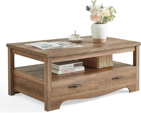 Farmhouse Coffee Table with Storage, Wood Coffee Table, Open Display Area and Storage Drawers with Metal Handles