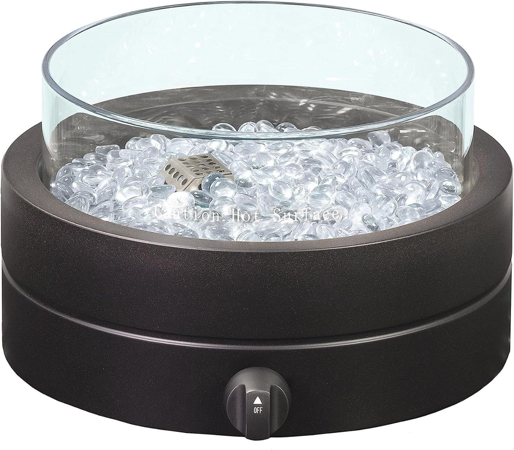 14-Inch Round Propane Fire Pit, 9000 BTU Portable Tabletop Fireplace with Glass Stones, Umbrella Hole Compatible for Outdoor Patio Tables, Gas Fire