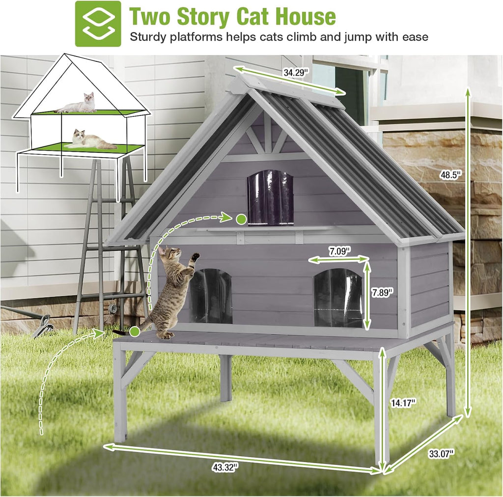 Outdoor Cat House Weatherproof Feral Cat Shelter for Multiple Cats, 2-Story Independent Design with Escape-Friendly