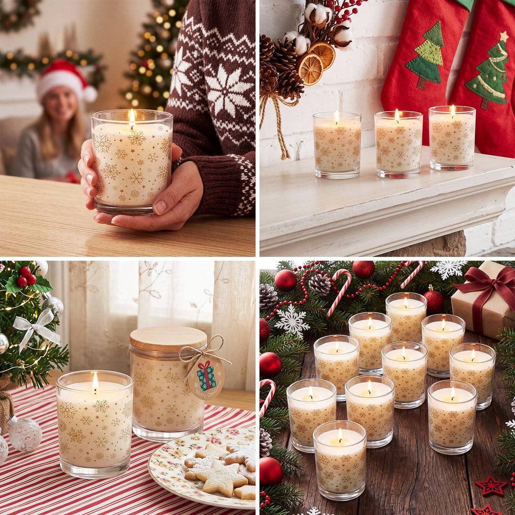 12 Pcs Christmas Candle Glass Jars with Lid, 7 oz, Gold Snowflake
