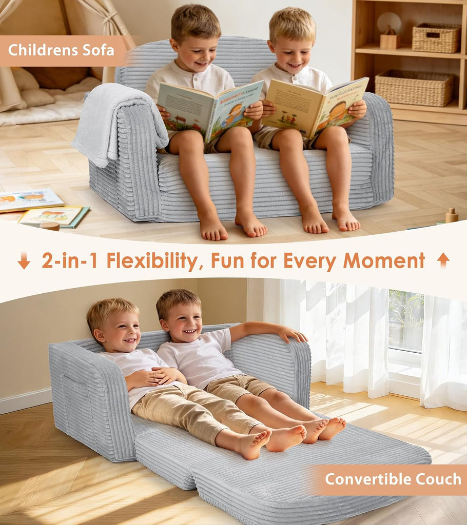 Extra Wide in-1 Convertible Kids Couch | Large Corduroy Toddler Sofa Chair with Storage Pocket & Blanket | Foldable
