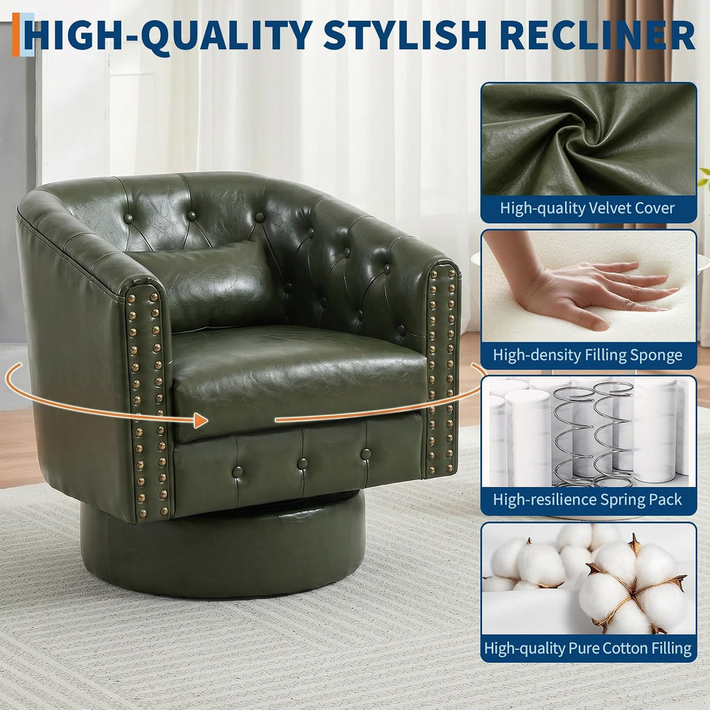 Swivel Barrel Accent Chair, 360° Leather Armchair with Rivets