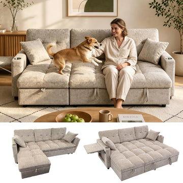 82" Sleeper Sectional Sofa, Comfy Convertible Sofa Bed with Pull Out Couches, Chenille L Shaped Couch with Reversible
