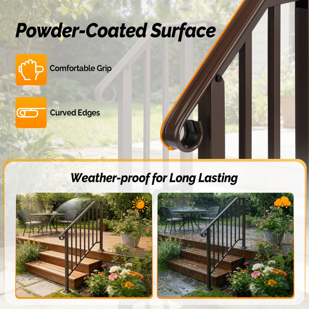 Handrails for Outdoor Steps, Stair Handrail Fits 1 to 5 Steps, Wrought Iron Hand Rail Stair Railing Kit for