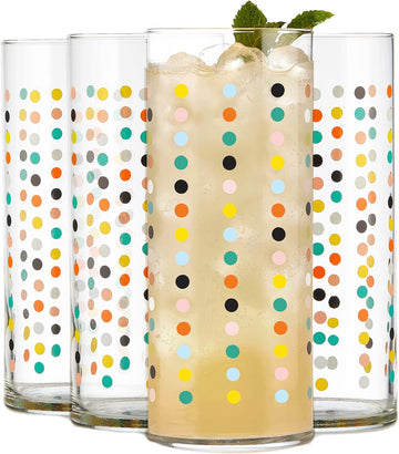 Vintage Dots Drinking Glasses Set of 4, Colorful, Retro Polka Dot Design Glass Cups Set, Dishwasher Safe Water