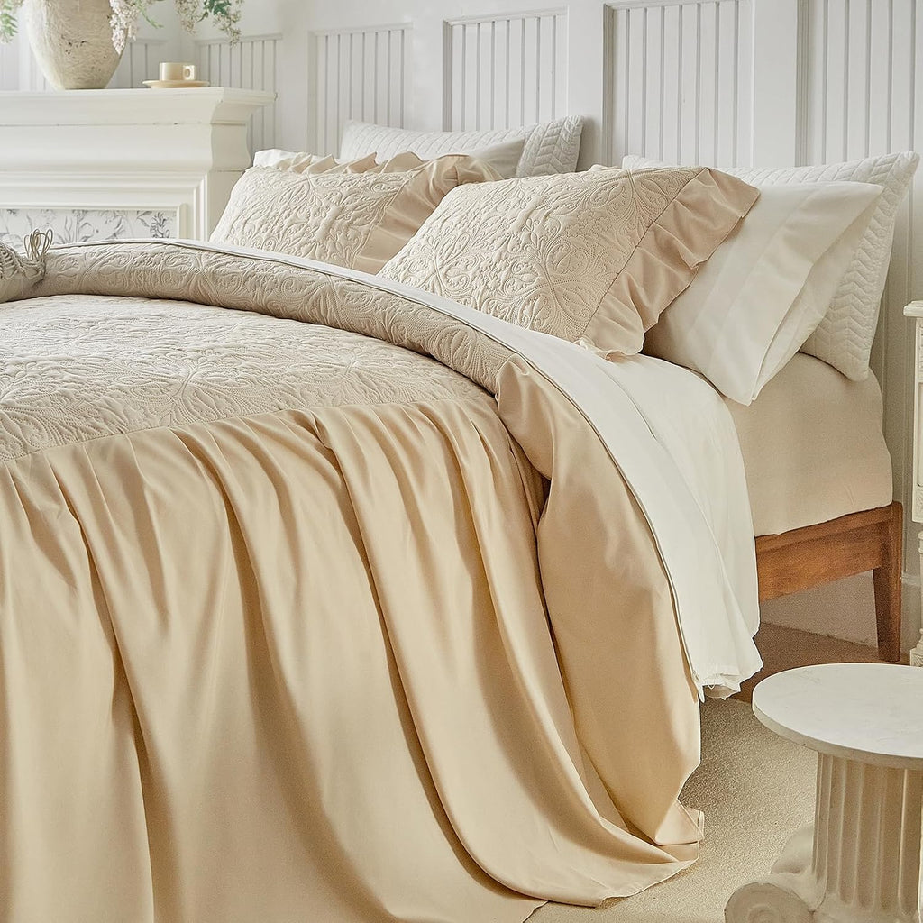 Ruffle Skirt Bedspread Set Floral Design - 30" Long Drop Vintage Cream Chic Ruffled Summer Coverlet Bed Quilt Boho