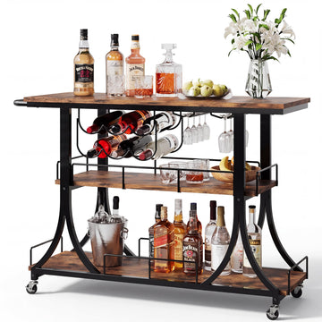 3-Tier Rustic Wooden Bar Cart with Wheels