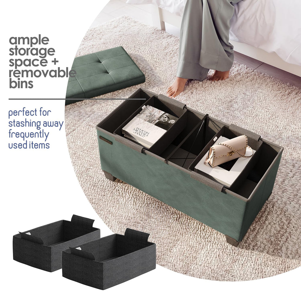 Storage Ottoman Bench with Bins, 30-in Storage Bench End of Bed, Folding Foot Rest Ottoman Max 660lbs, Leather