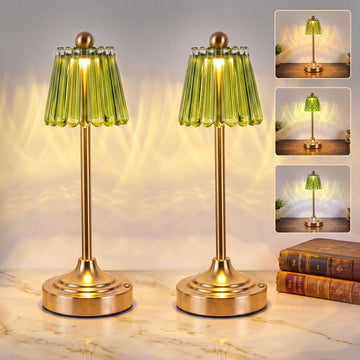 Set of 2 Small Vintage Cordless Table Lamp, Green