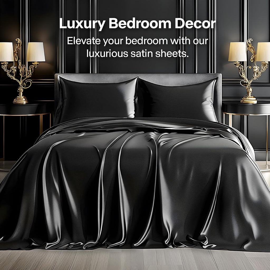 King Sheets Set, Luxury Soft Black Satin Sheets for Hair and Skin, Similar to Silk Bed Sheets Set 4 Pieces with 1
