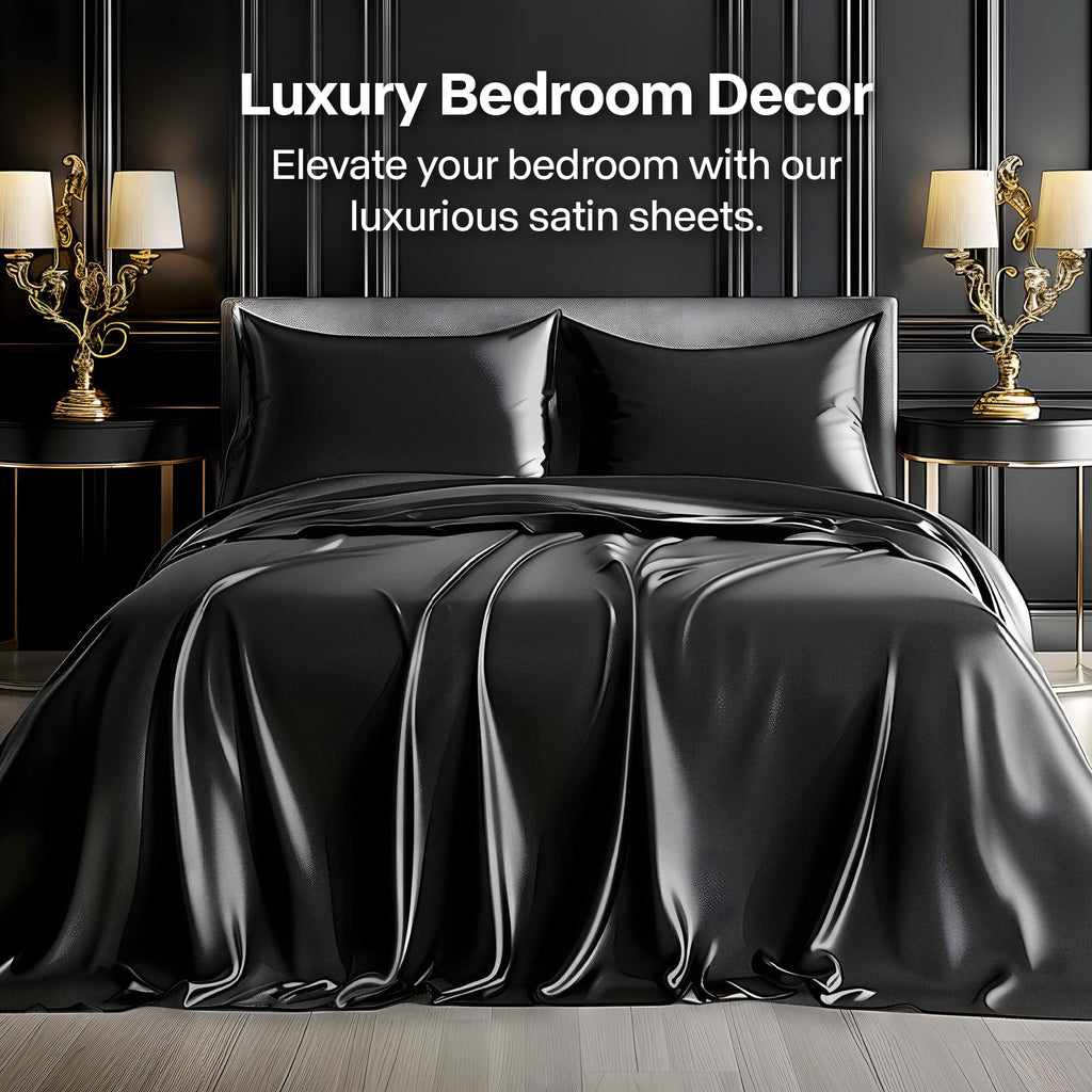 Satin Sheets Full XL Size Bed Set, Black, 4 Pieces