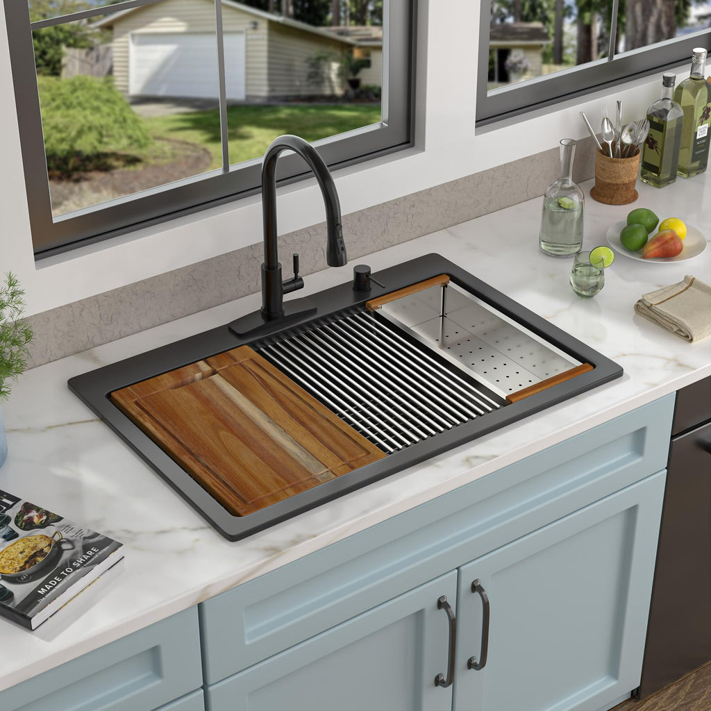 33"x22" Granite Composite - Matte Black Ledge Workstation Drop-In Top Mount Quartz Classic Above Counter Single Bowl