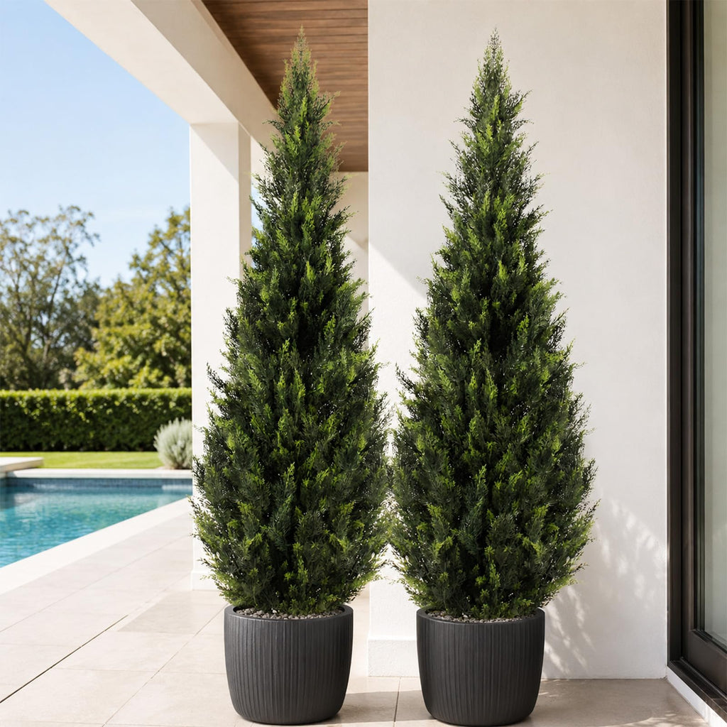 Artificial Cedar Topiary Trees, 5 FT UV Resistant Faux Boxwood Plants, Front Porch Decorations Outdoor, Realistic