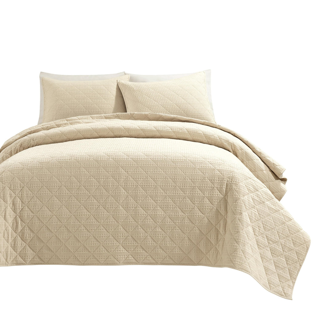 Haniya Solid Waffle Woven Textured Cotton Quilt Set, 3 Piece Set, Neutral - Soft Waffle Quilt - Neutral