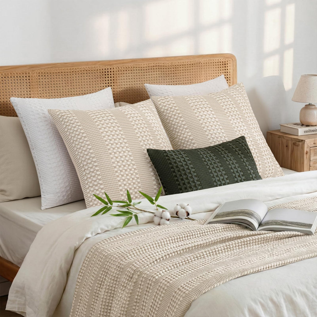 2 Pack Bamboo Fiber Pillow Covers - Waffle Weave, Ultra Soft & Breathable, Euro Shams Cotton Throw Pillow for Couch