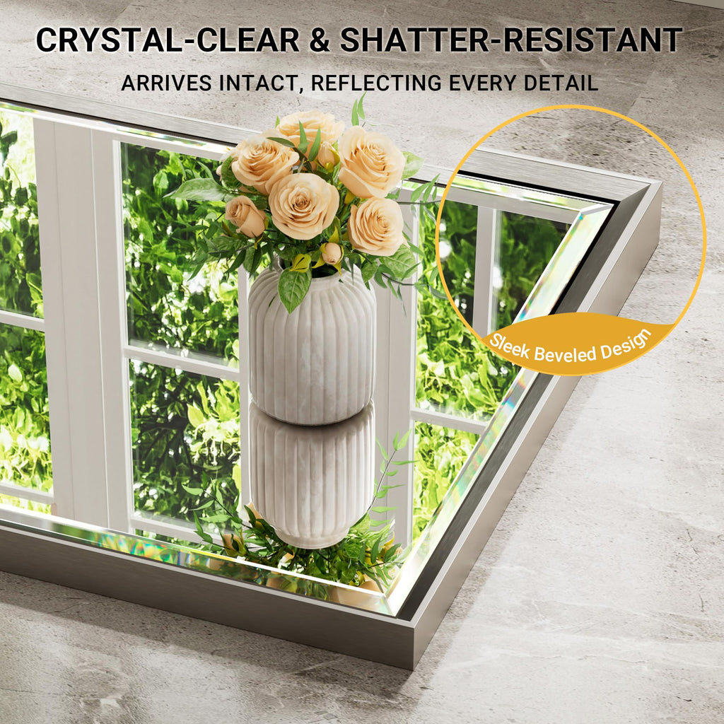 48'' x 36'' Brushed Nickel Framed Beveled Bathroom Mirror, Shatterproof Rectangle Brushed Nickel Frame Mirror