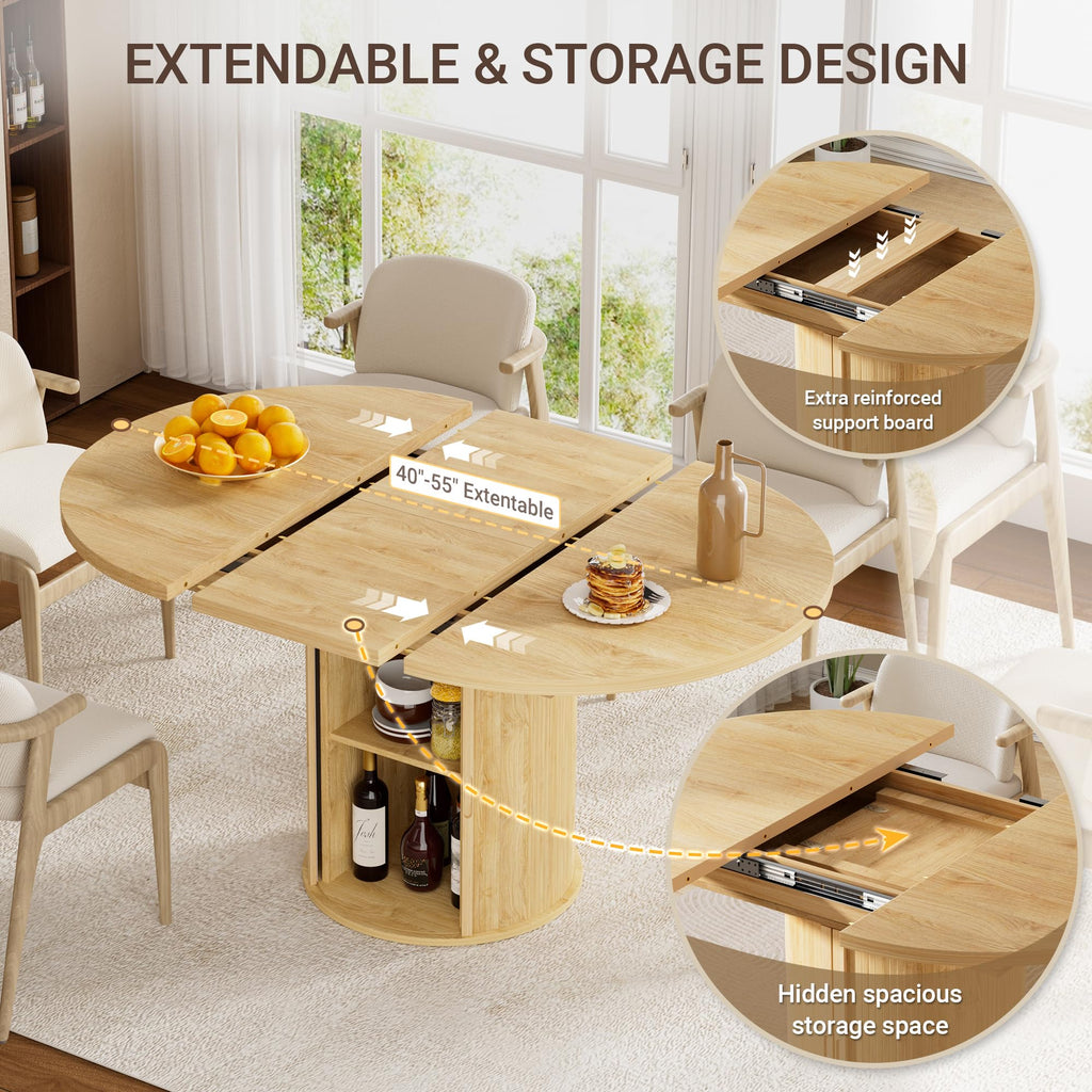 40''-55'' Extendable Round to Oval Dining Table with Storage for 4-6, Expandable Pedestal Transformer Dining Table