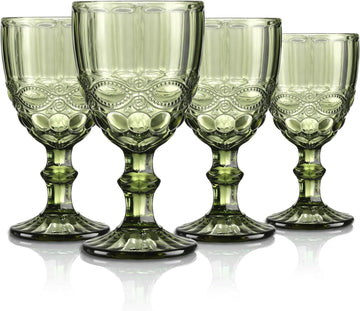Green Vintage Wine Glasses,Clear Water Goblet Glasses with Embossed Serpentine Pattern,Stemmed Colored Glassware Set