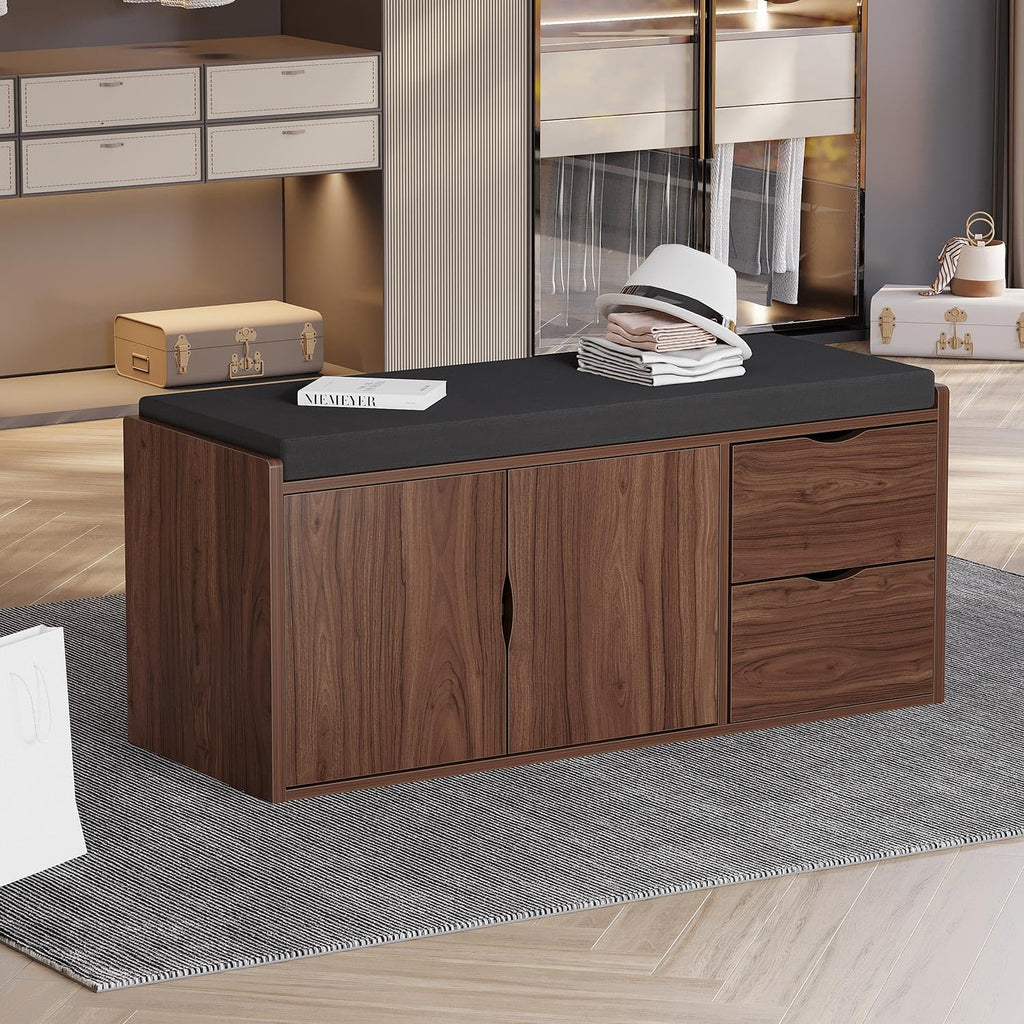 40" Entryway Storage Bench with Padded Seat Cushion, Wood Hidden Shoe Organizer Bench with 2 Drawers Cabinet
