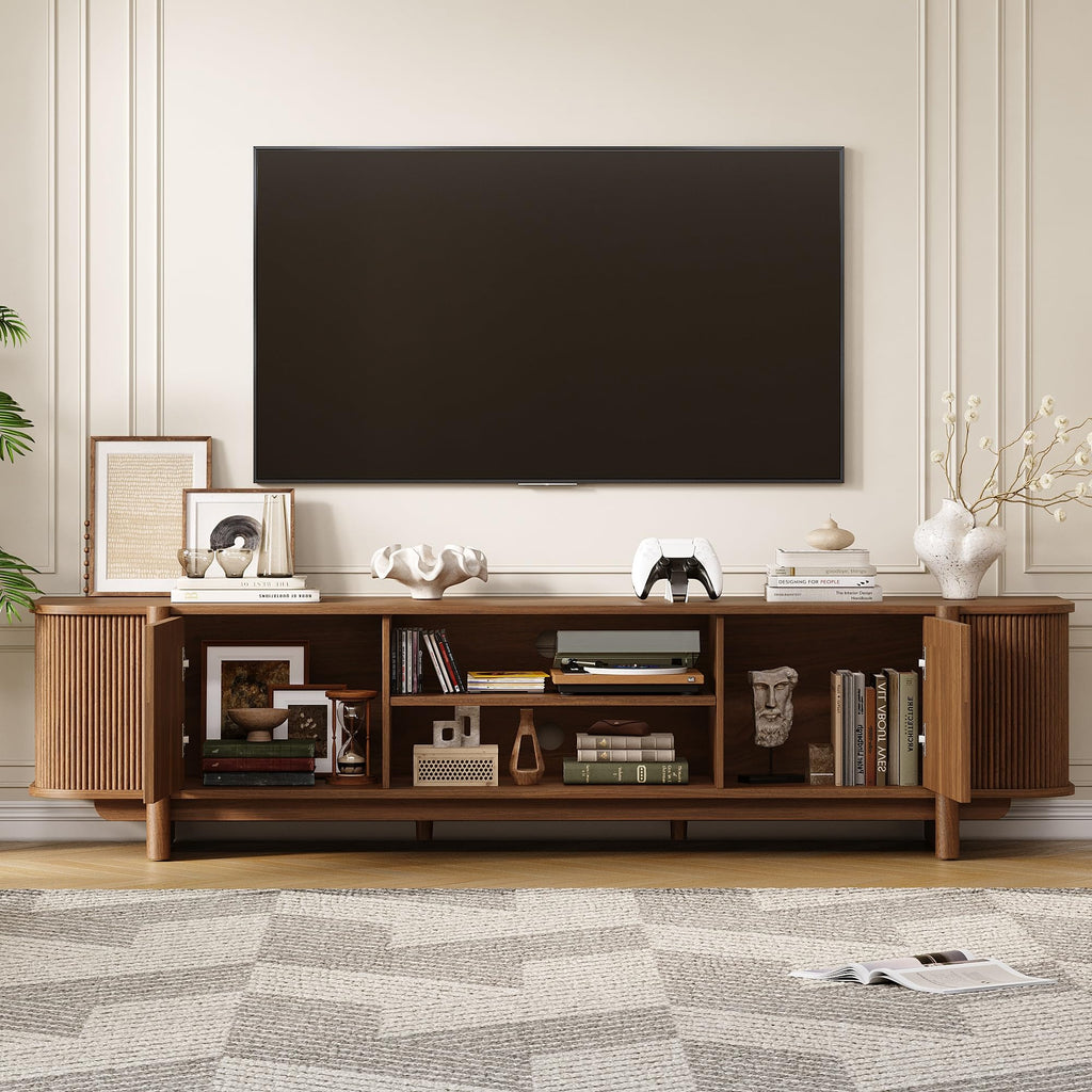 70" Mid Century TV Stand for TVs up to 80 Inch, Fluted Entertainment Center with Storage and Adjustable Shelves, Modern