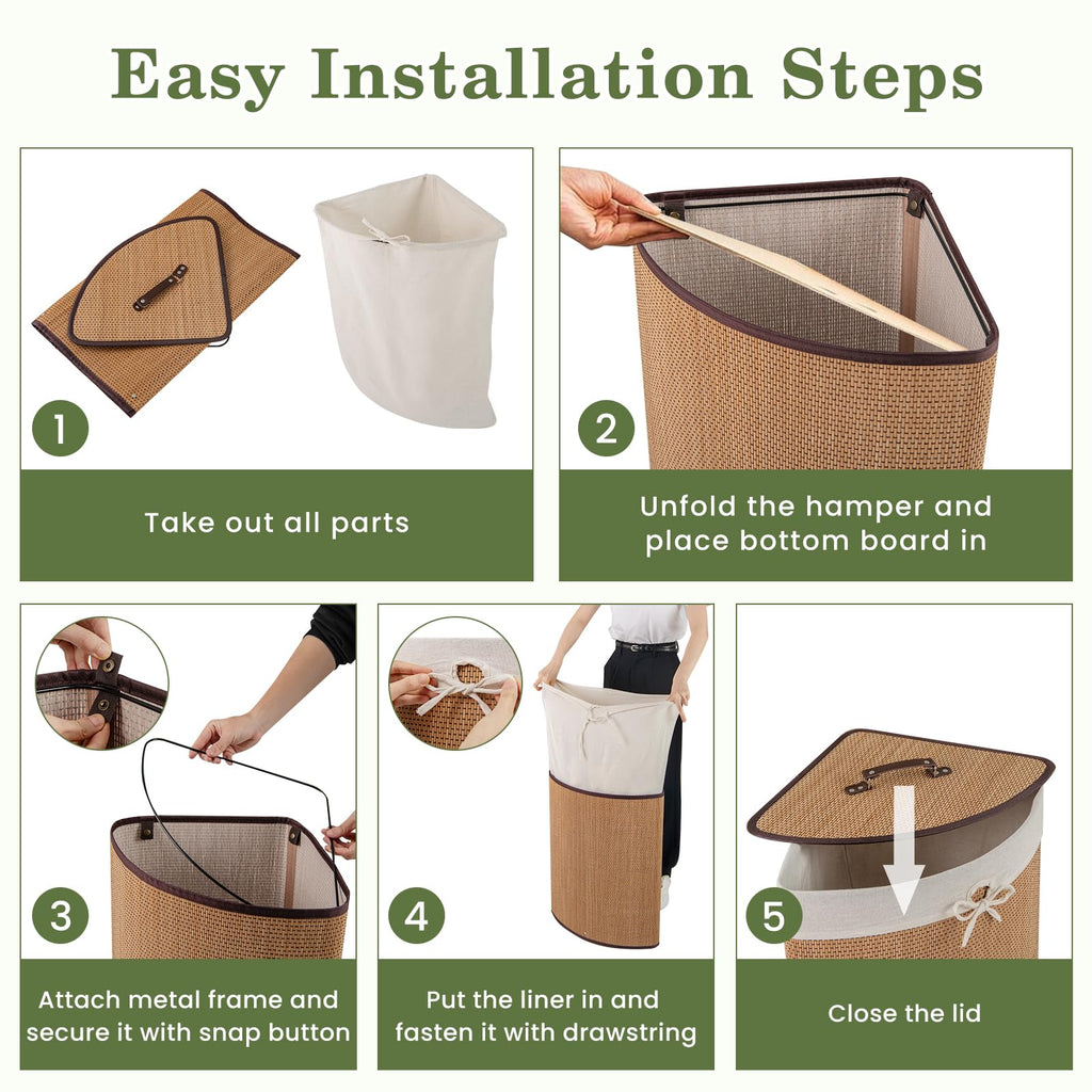 Corner Bamboo Laundry Hamper with Lid and Removable Liner, Bamboo