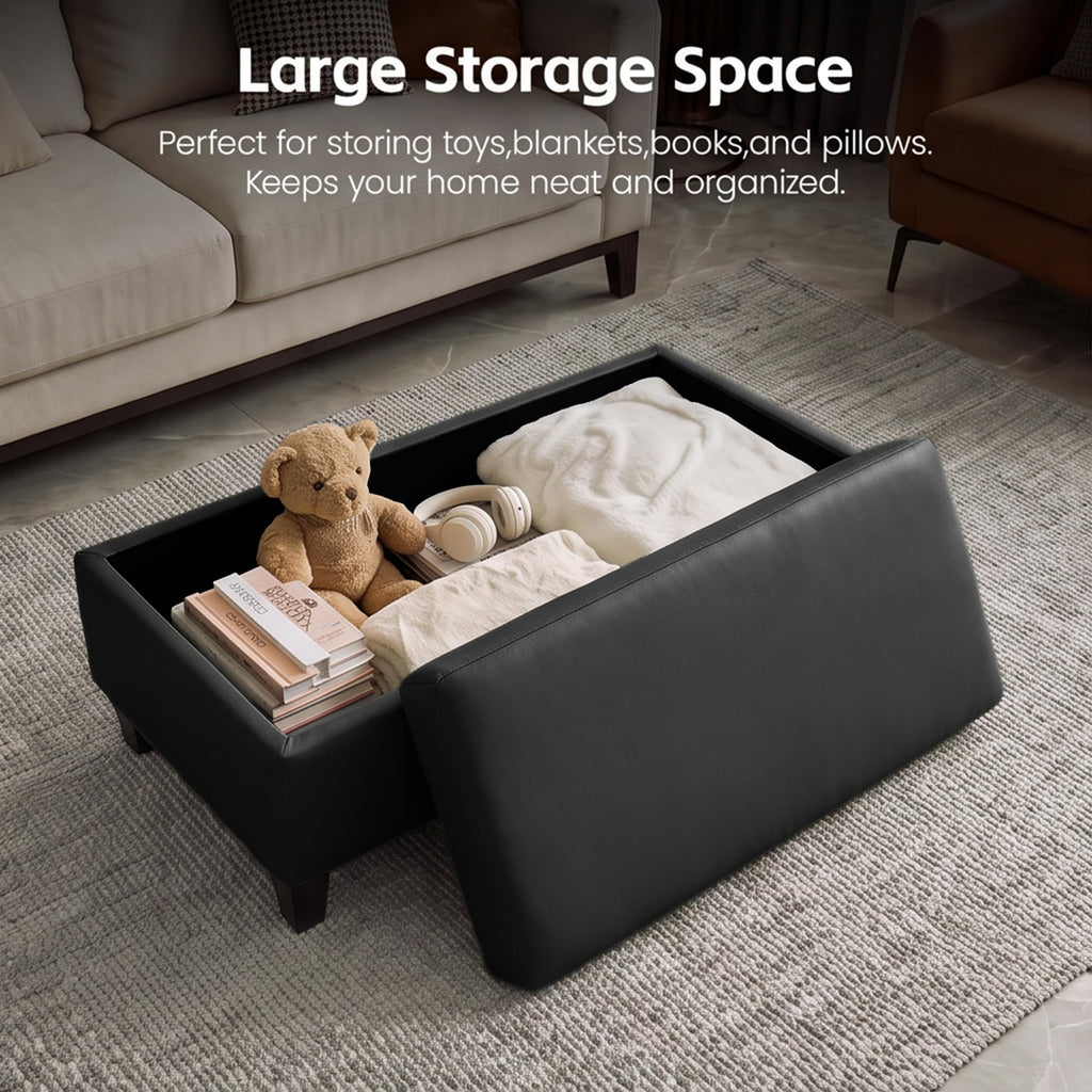 45" Ottoman Coffee Table with Storage, Reversible Wooden Tray Top, Large Storage Ottoman Bench, Leather Upholstered