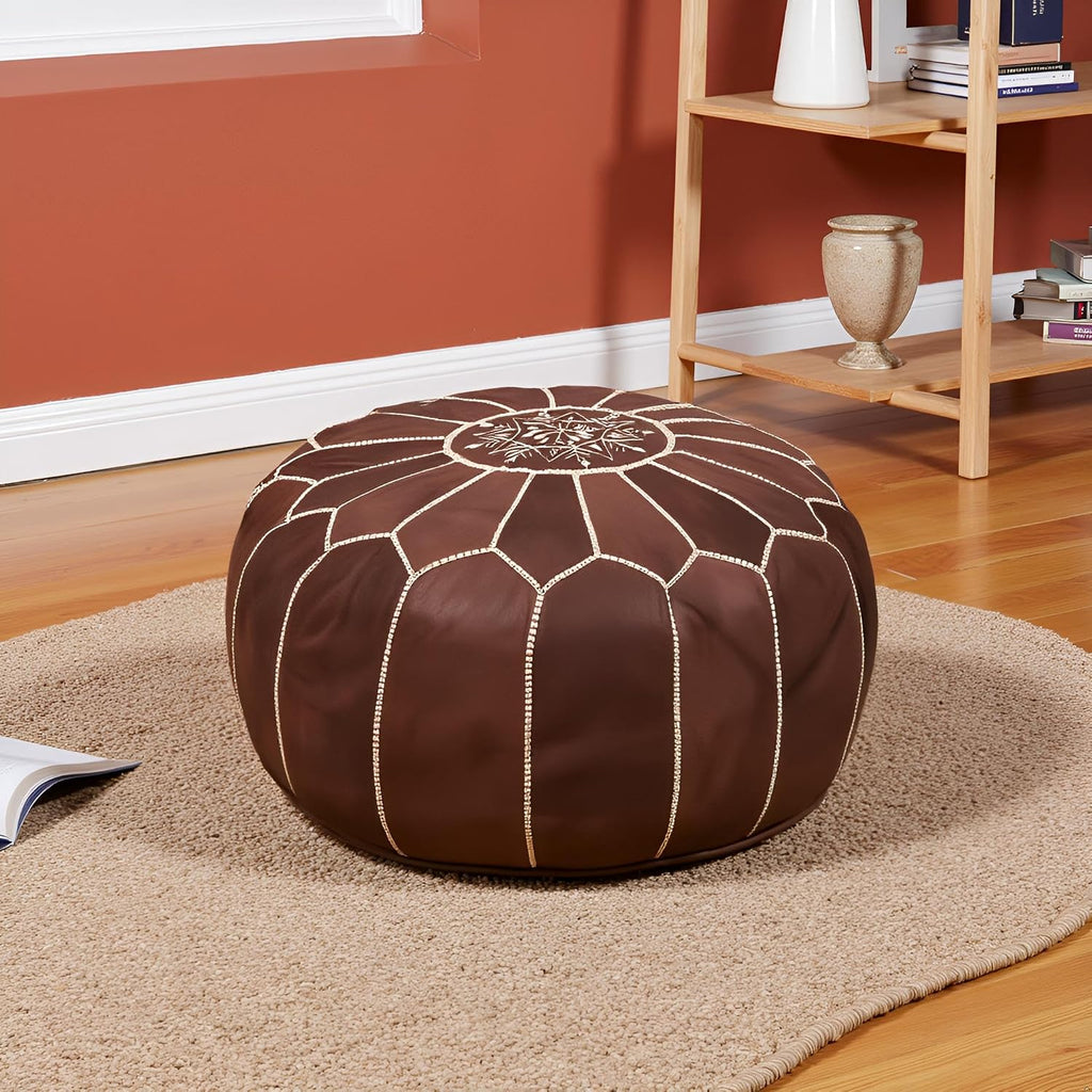 Stuffed Round Design Pouf Ottoman, Pre-Filled, 100% Genuine Leather, 13" Height x 20" Diameter, Footstool & Living