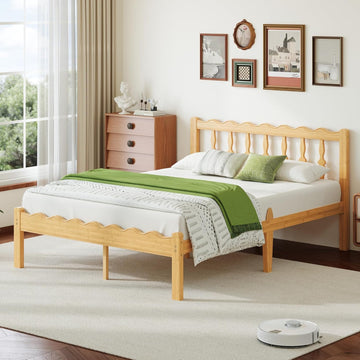 Bamboo Queen Bed Frame with Headboard, 14 inch Solid Wood Platform Bed Frames Queen with Metal Slats, No Box Spring