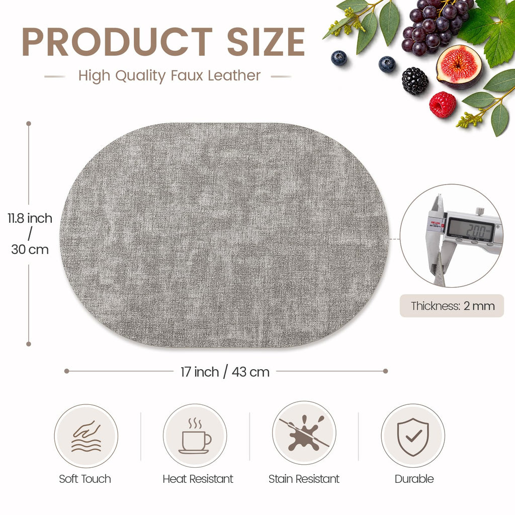 Oval Faux Leather Placemats Set of 4, Easy to Clean, Light Grey