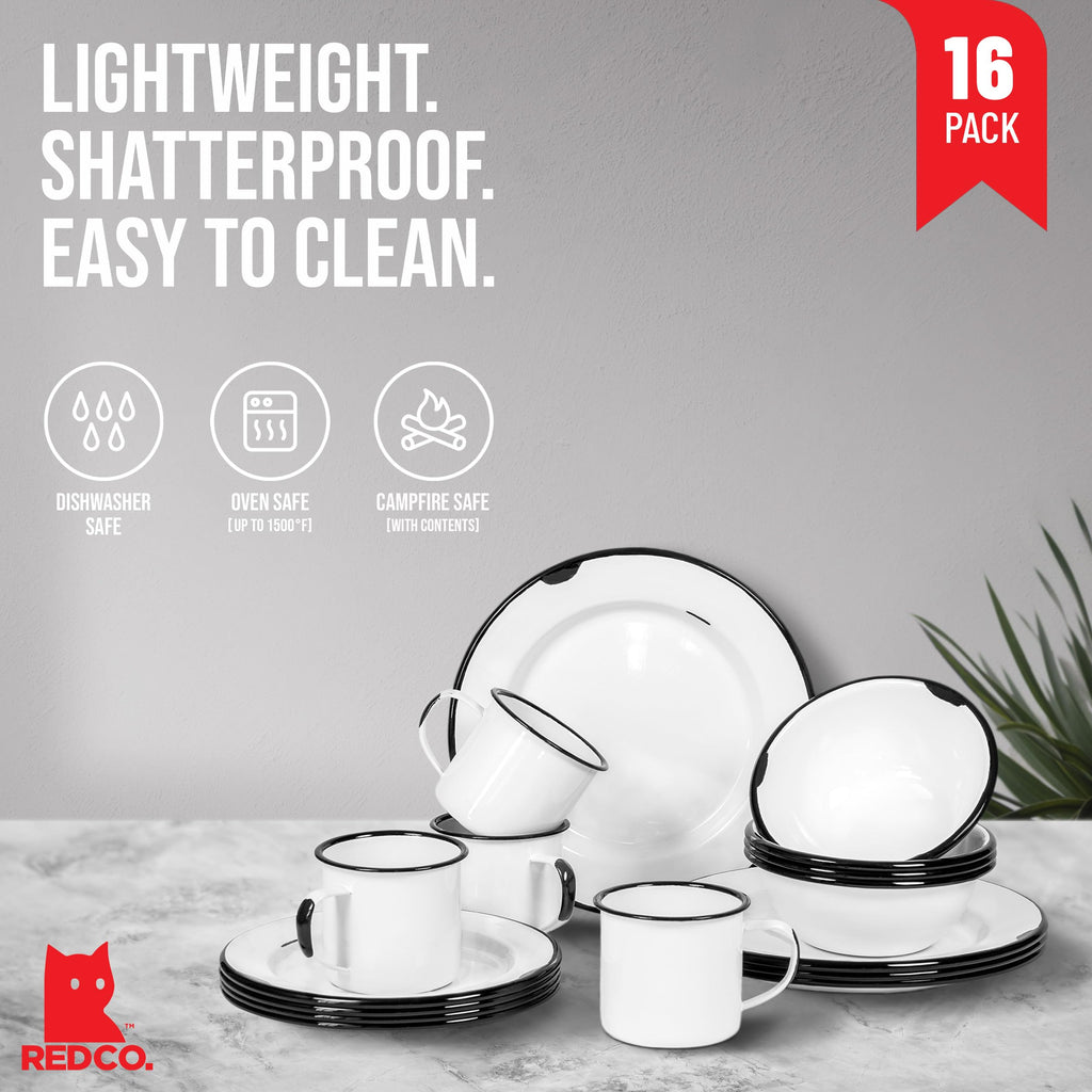 16-Piece Enamelware Metal Dinnerware Set for 4, Distressed White/Black Rim