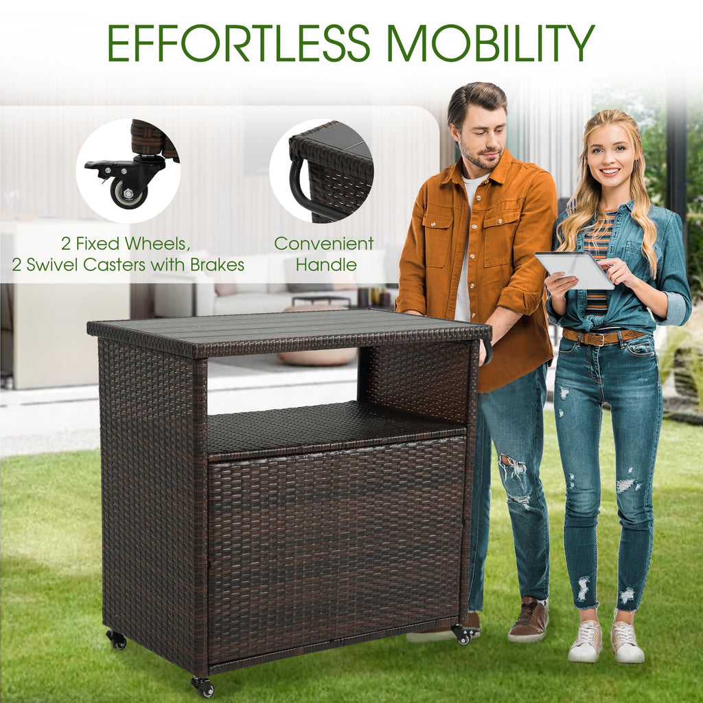 Outdoor Bar Cart with Storage Cabinet, Brown