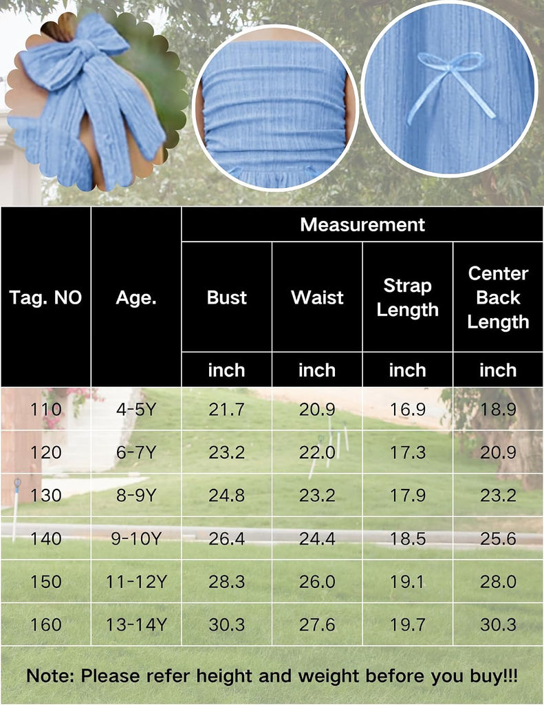 Girls Dresses Ruched Smocked Back Spaghetti Strap Bow Sundress