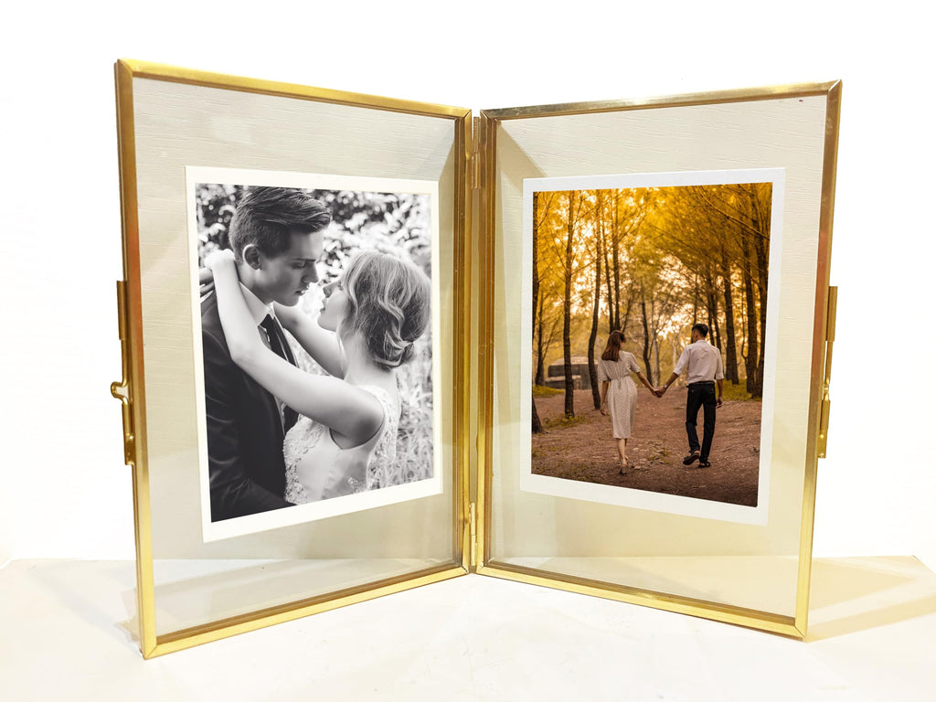 Gold Picture Frame - 5×7 Double Folding Glass Frame for Pressed Flowers - Vintage Brass Metal and Floating Frame