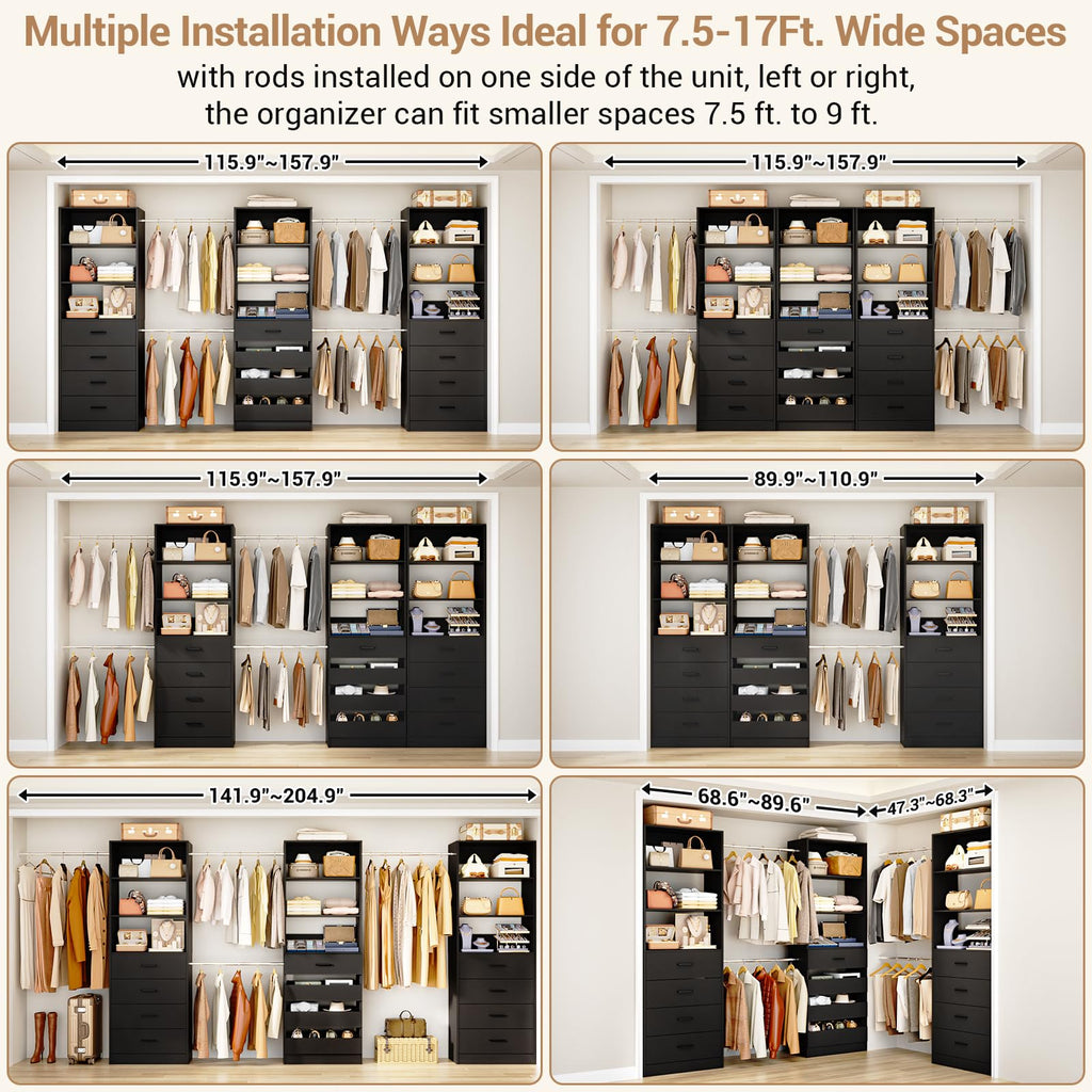 Closet System with 12 Drawers, 8.5-11.5Ft Wood Closet Organizer