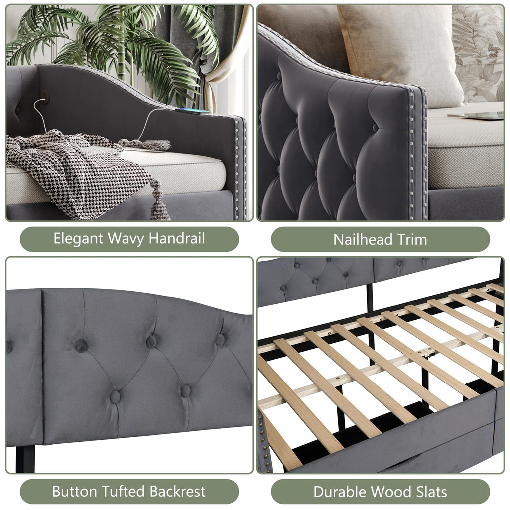 Full Size Daybed with Storage Drawers, Upholstered Daybed