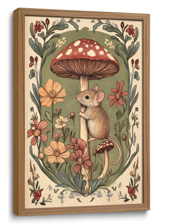 Framed Mushroom Mouse Wall Art Cottagecore Vintage Botanical Canvas Print