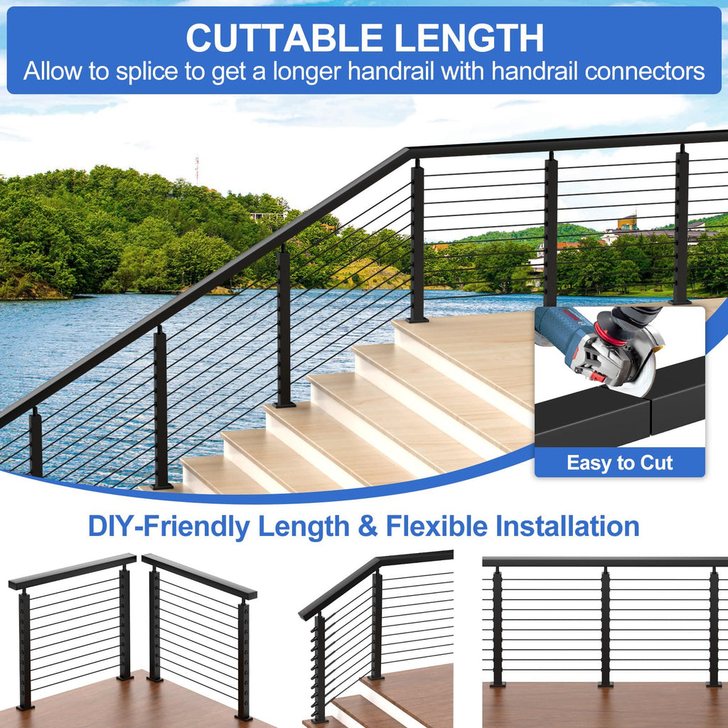 6'6'' Stainless Steel Rectangular Handrail 2 Pack, Cuttable Cable Railing Handrails System, Black Flat Top Rail with
