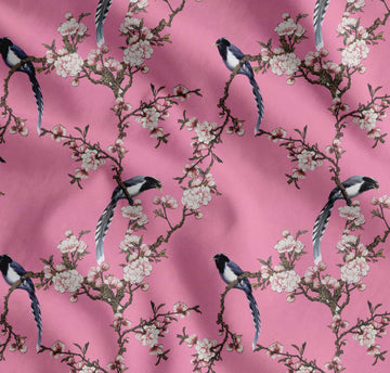 Cotton Poplin Pink Fabric - by The Yard - 58 Inch Wide - Floral & Paradise Whydah Bird Print - Tropical Paradise with