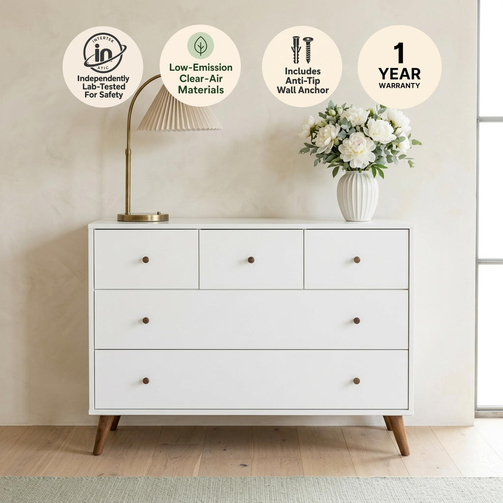 Austin 5-Drawer Dresser, White/Walnut