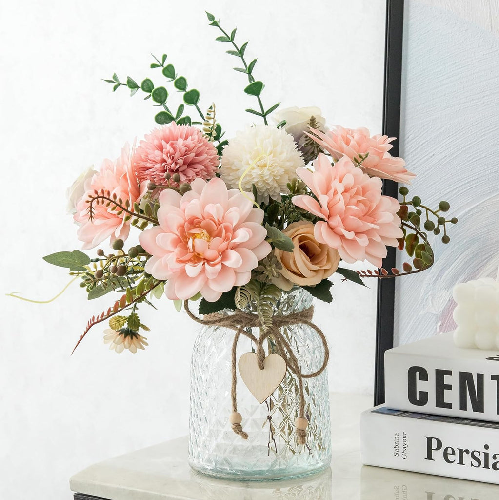Fake Flowers with Vase,Faux Flowers in Vase Decor,Silk Pink Dahlia Artificial Flowers with Vase for Coffee Table